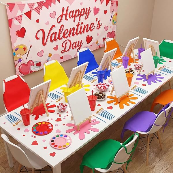 AMAZINGSPARK 48 PCS PAINTING PARTY CHRISTMAS FAVORS INCLUDES CANVAS & EASEL KIT AND APRONS, PALETTES, CUPS, BRUSHES, PAINTS AND FELT TABLE MAT PARTY VIBRANT ART SUPPLIES FOR PAINTING
