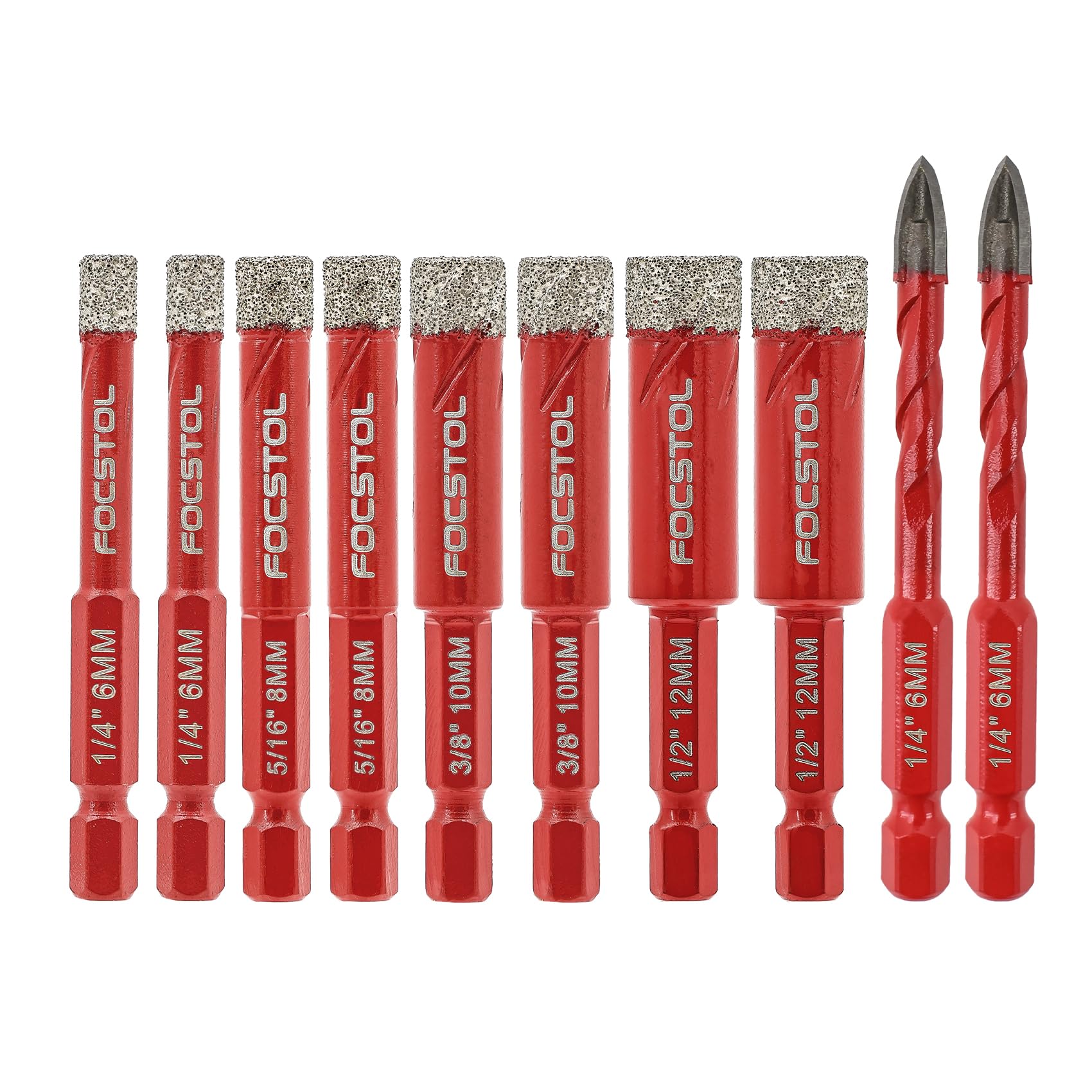 FOCSTOL Dry Diamond Drill Bit Set - 10pcs Diamond Hole Saw Kit & Carbide Drill with Quick Change Hex Shank for Porcelain Tile Ceramic Marble Granite Quartz (6mm*2+8mm*2+10mm*2+12mm*2+6mm*2)