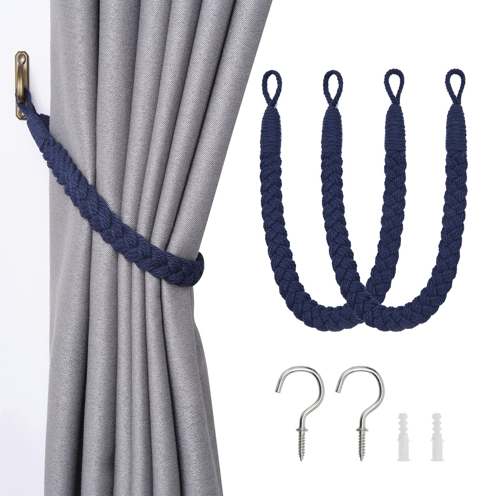 Pretty Jolly 2 Pack Natural Cotton Rope Curtain Tiebacks Elegant Boho Style Decorative Drape Tie Backs Soft Hand-Woven Rope Curtain Holdbacks with Metal Hook for Home & Office Drapery (Dark Blue) — image 1