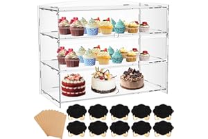SOAOO 3 Tier Bakery Pastry Display Case,Clear Acrylic Display Case,Commercial Countertop Cabinet with Chalkboard and Brown Paper for Bread Cookie Cupcake Party Event Stores