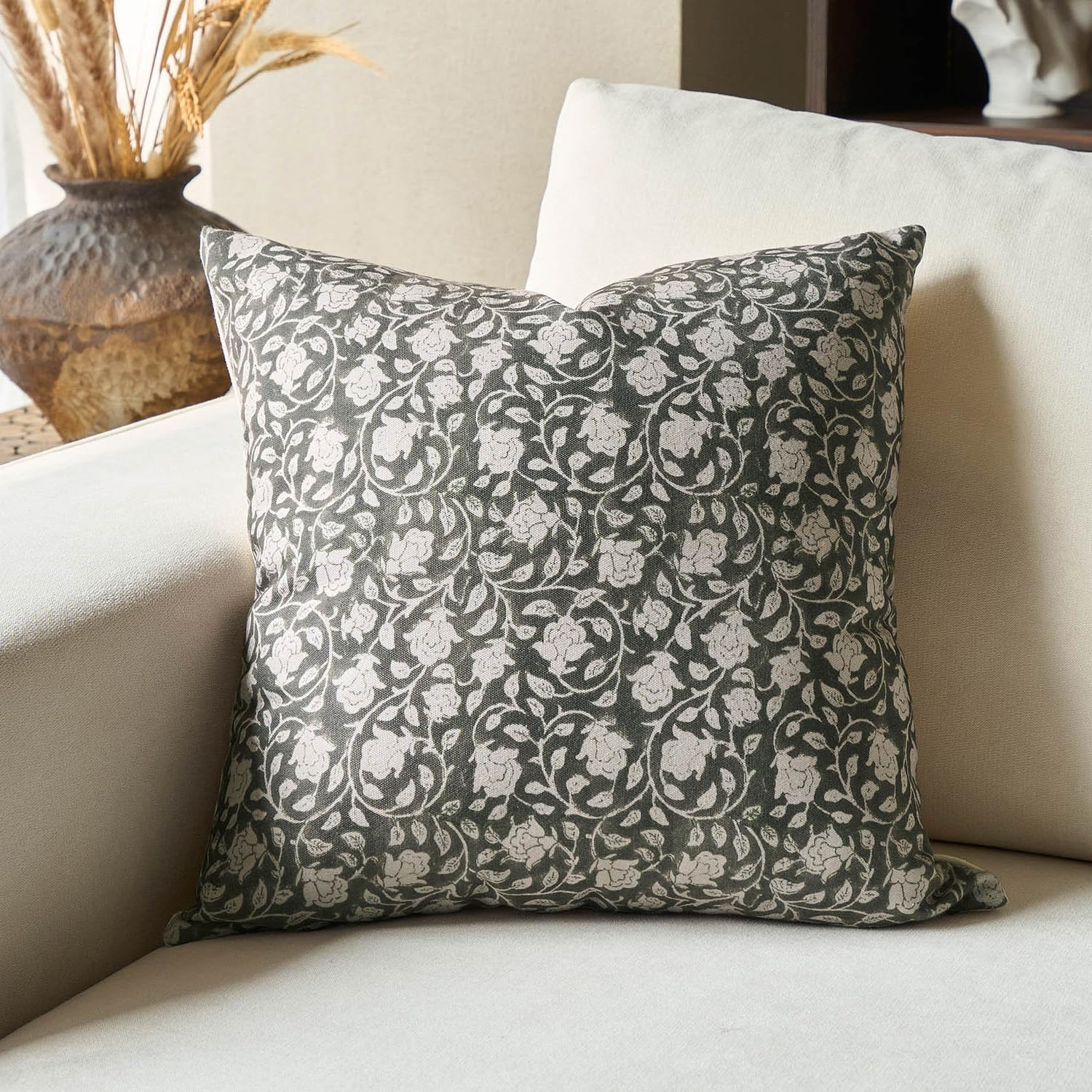 DOMVITUS Floral Pillow Covers 20x20, Throw Pillows for Couch, Block Print Pillow Cover, Decorative Neutral Accent Throw Pillow Covers for Living Room, 1PC, Greyish Green