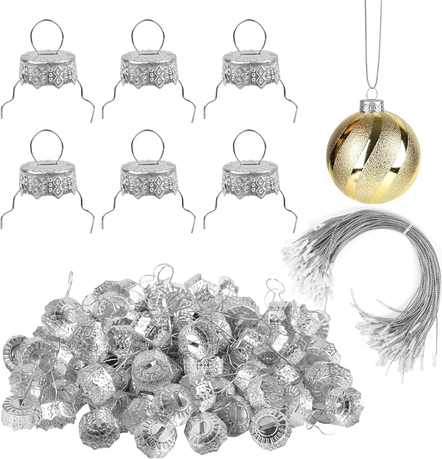 Ornament Hooks - 100 Pieces Round Christmas Ornament Caps and Christmas Ornament Hangers String Set, Christmas Hangers Caps for Christmas Tree, Ceramic Glass Porcelain Christmas Ornaments DIY Decorations
