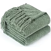 GINAMUSE Chenille Throw Blanket for Couch with Tassels,50"X60" Soft Cozy Lightweight Knitted Boho Decorative Blankets for Bed and Sofa,Light Green
