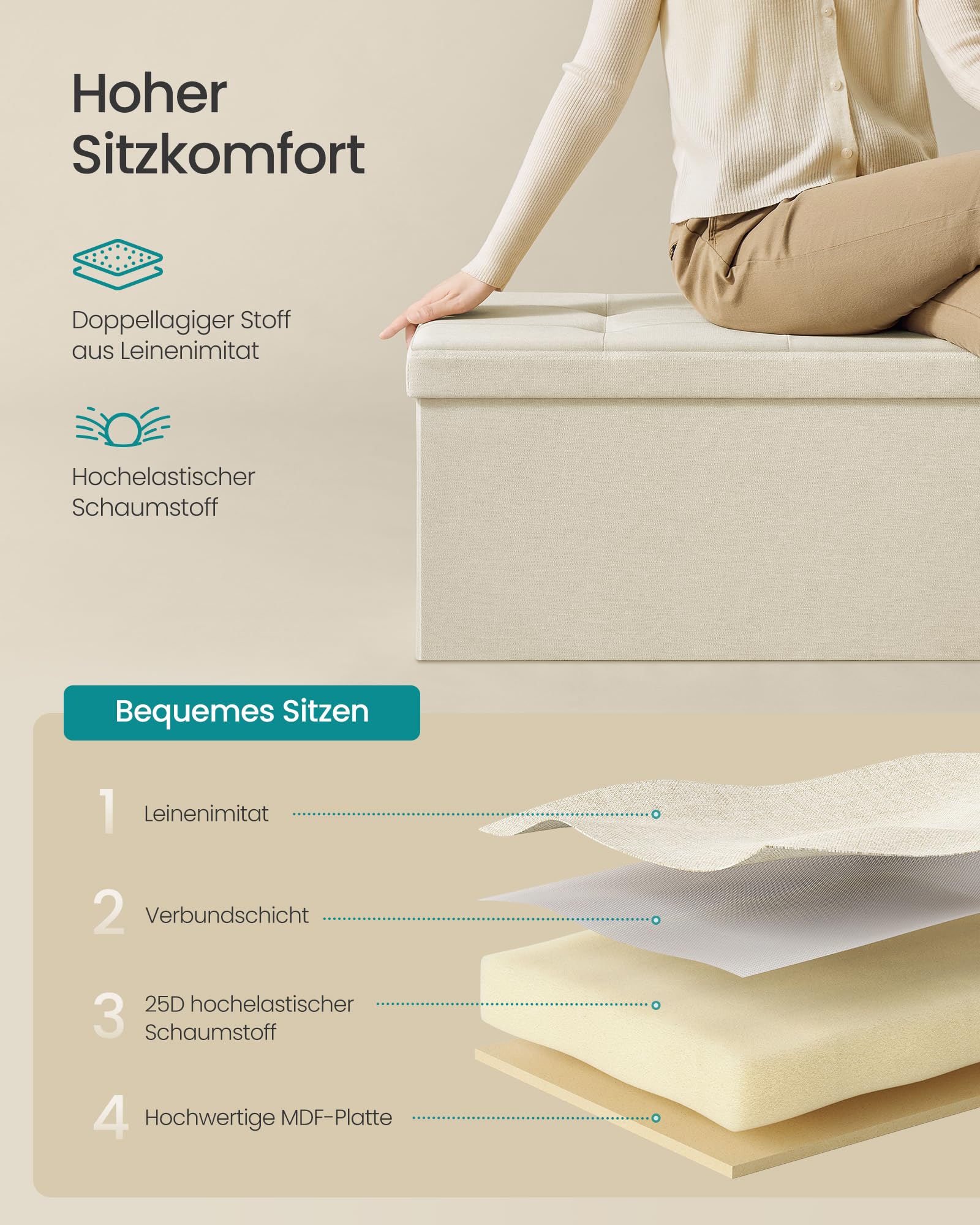SONGMICS Sitzhocker mit Stauraum, klappbare Sitzbank, 38 x 110 x 38 cm Fußbank, Aufbewahrungsbox, bis 300 kg belastbar, für Wohnzimmer Schlafzimmer Flur, aschgrau LSF77G 5