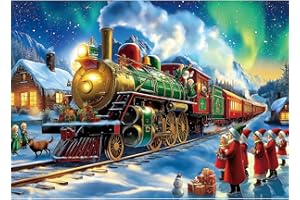 MINIWAN Christmas Train 1000 Piece Puzzle for Adults - Vintage Winter Holiday Jigsaw Puzzles with Northern Lights Scene - Challenging Adult Christmas Puzzles for Game Night, Seasonal Decor