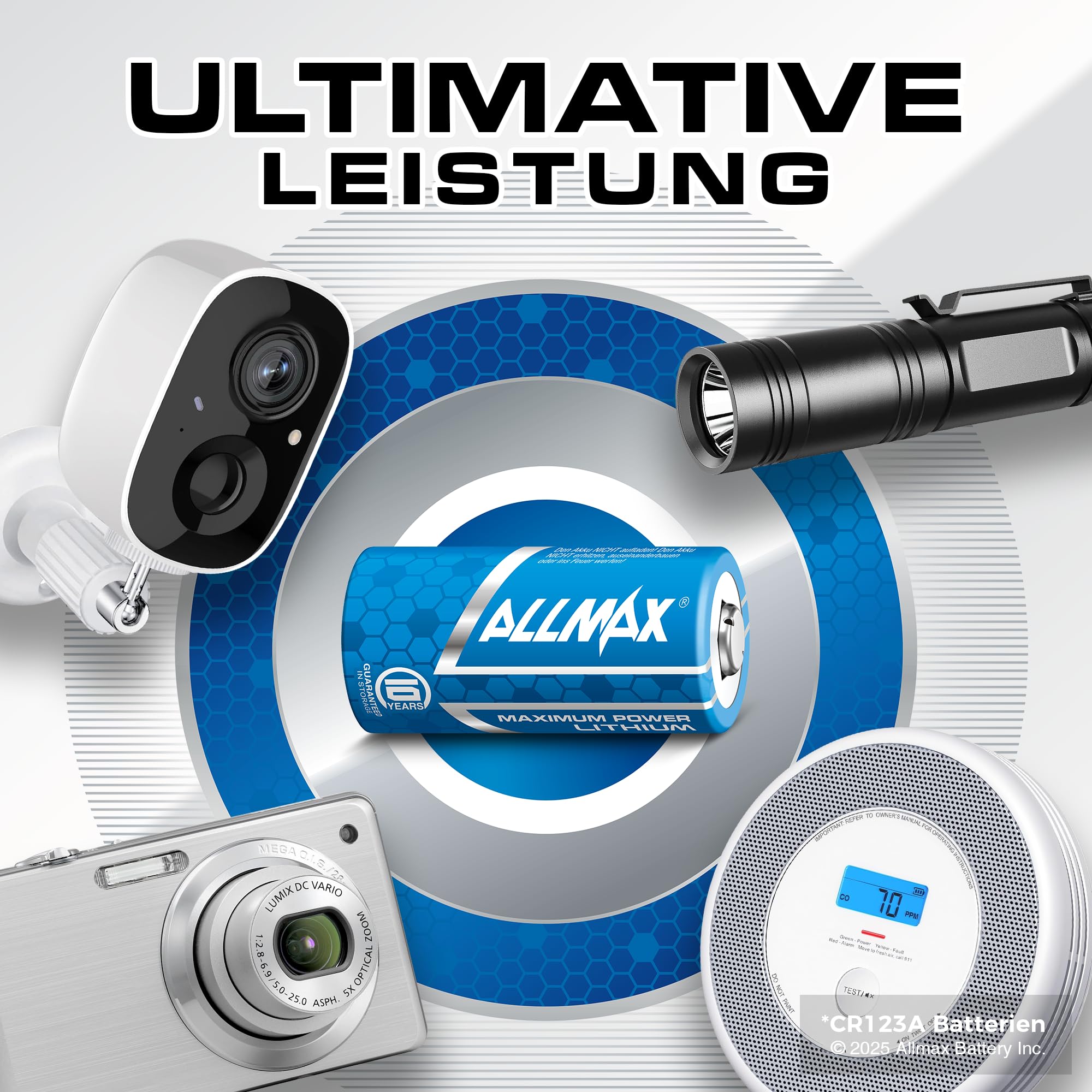 Allmax CR123A Maximum Power Lithium Batterien (6 Stück) – Längste Lebensdauer, auslaufsicher, 10 Jahre Haltbarkeit, ultimative Leistung, perfekt für drahtlose Sicherheitssysteme (3 V) 6