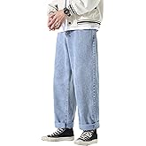 DOSLAVIDA Men's Work Jeans Casual Hip Hop Cargo Solid Color Loose Fit Straight Wide Leg Cotton Denim Pants with Zipper