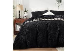 Newspin Plush Shaggy Duvet Cover King, Fluffy Faux Fur Duvet Cover Set, Luxury Ultra Soft Crystal Velvet Bedding Sets 3 Pieces (1 Fuzzy Duvet Cover + 2 Pillow Shams) with Zipper Closure (King, Black)