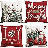 OTOSTAR Red Christmas Pillow Covers 18x18 Inch Set of 4 Xmas Tree Truck Decorations Joy Throw Pillow Covers Winter Holiday Decor Cushion Cases for Bed Home Couch (Truck Red)