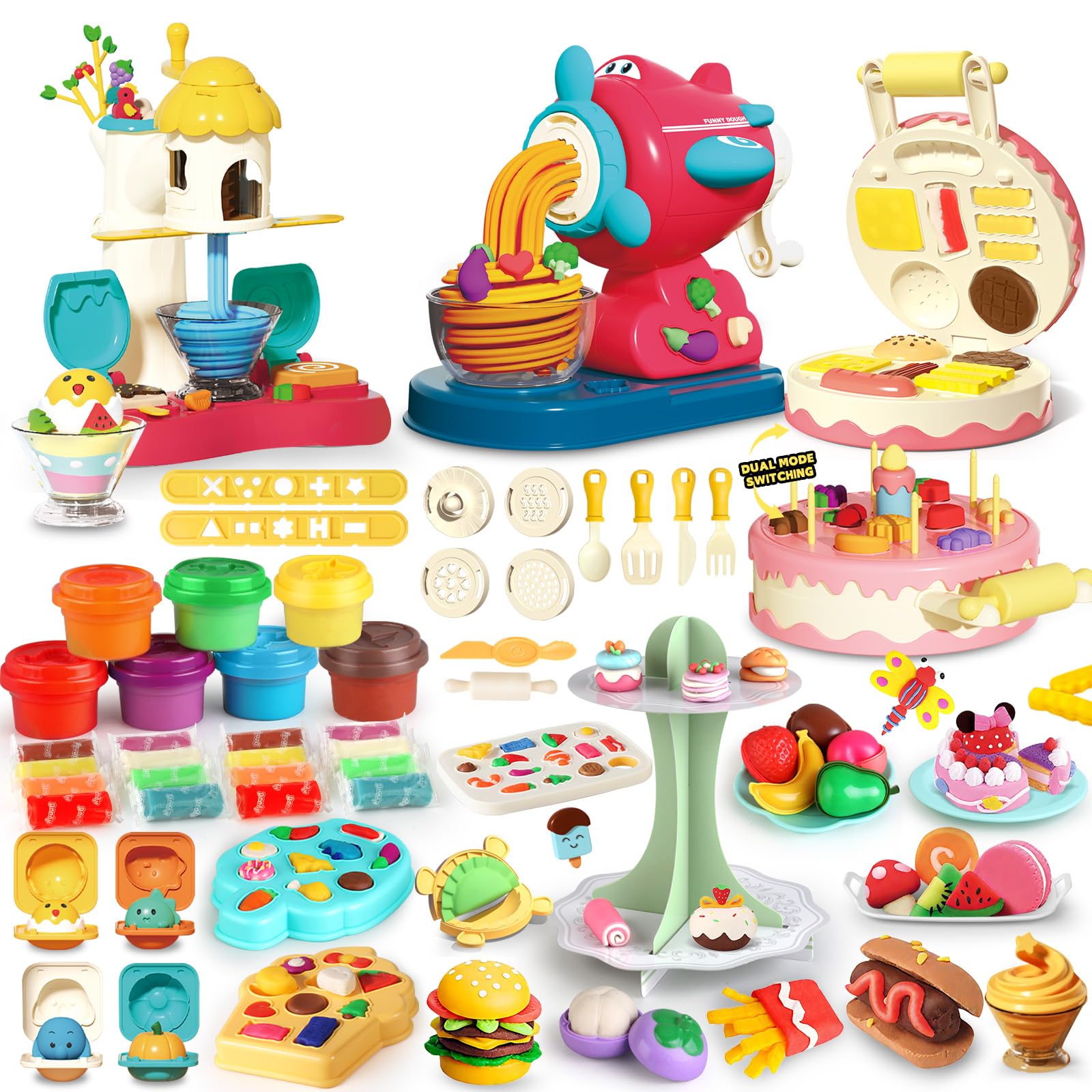 Photo 1 of Kaelinda 77 Pcs 4 in 1 Playdough Sets for Kids Age 2-4-8, Dough Accessories Tools Kit, Ice Cream, Noodle Cake Hamburger Maker, Kitchen Playdough Toys Girls Boys, Gifts for 3 4 5 6 Year Old Girls Boys