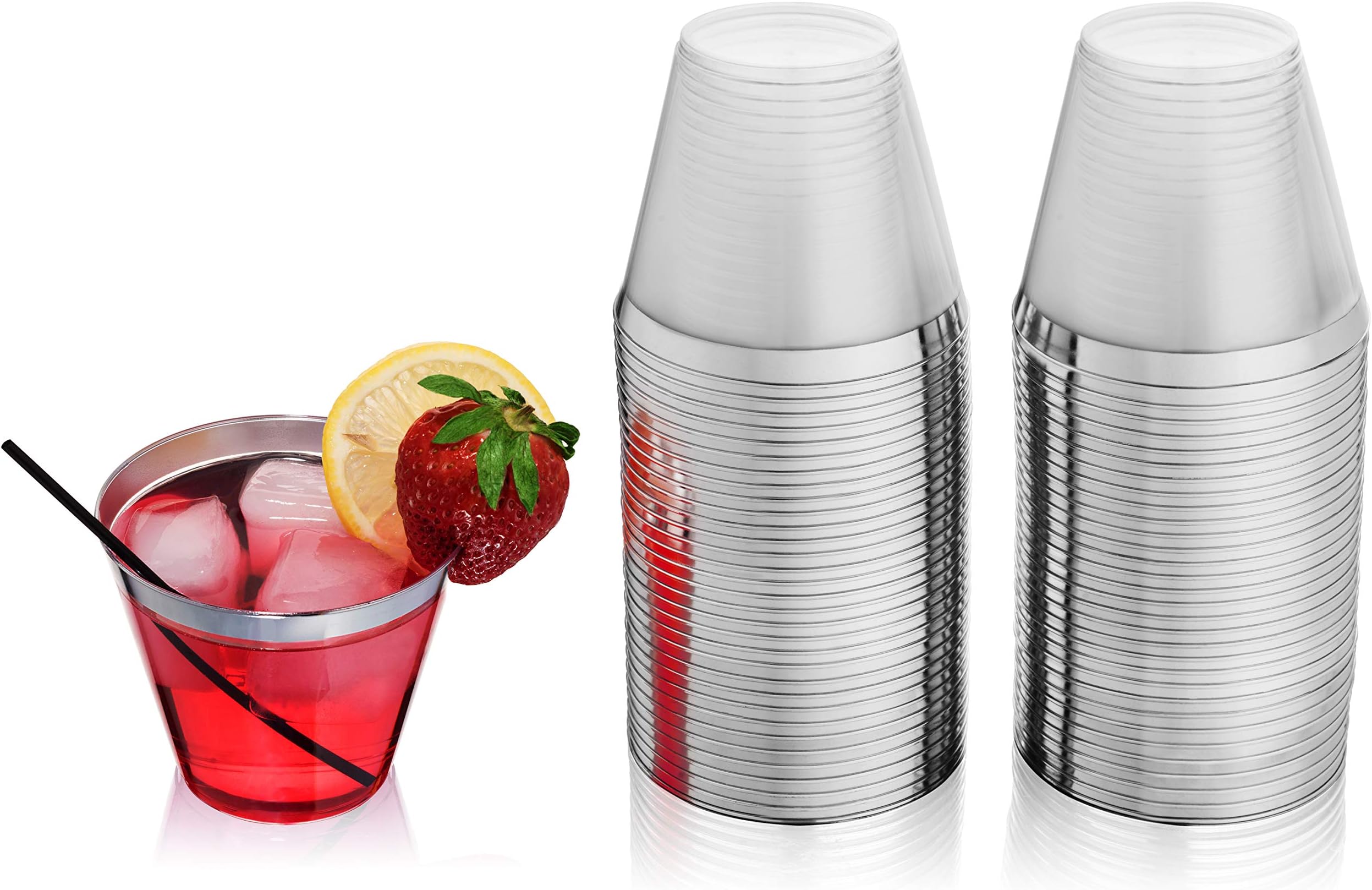 Silver Rimmed Plastic Cups - 9 ounce - 64 Count - Hard Plastic - Disposable or Reusable - Old Fashioned Plastic Tumblers - Wine Cups - Cocktail Glasses - Drinking Cups - Gold Trim Wedding Tumblers