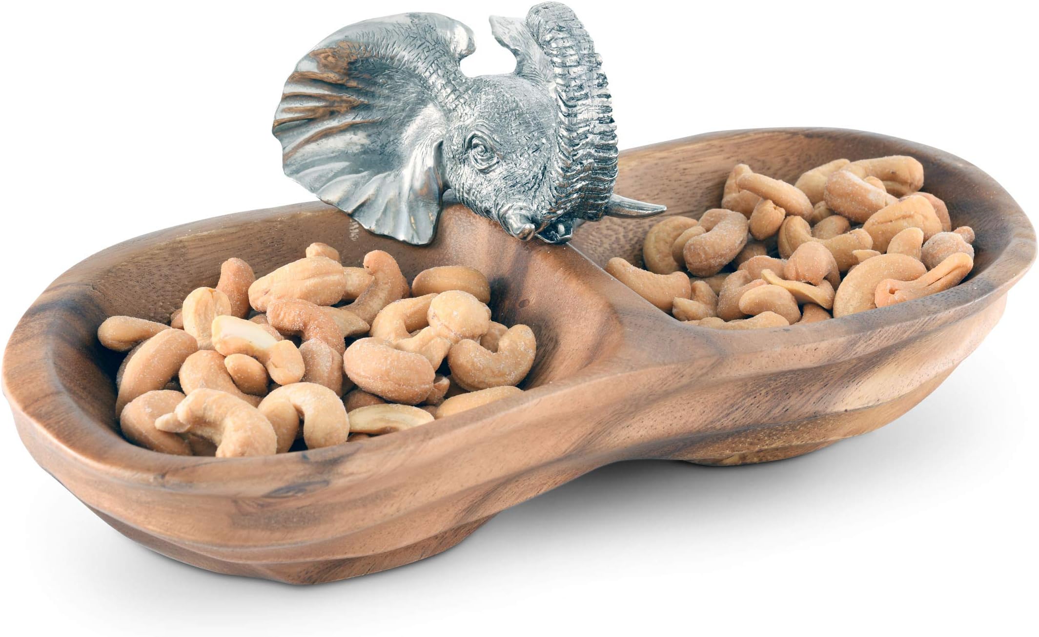 Vagabond House Acacia Wood Peanut Shape Wood Nut / Candy / Snack Bowl with Pewter Elephant 10 inch Wide