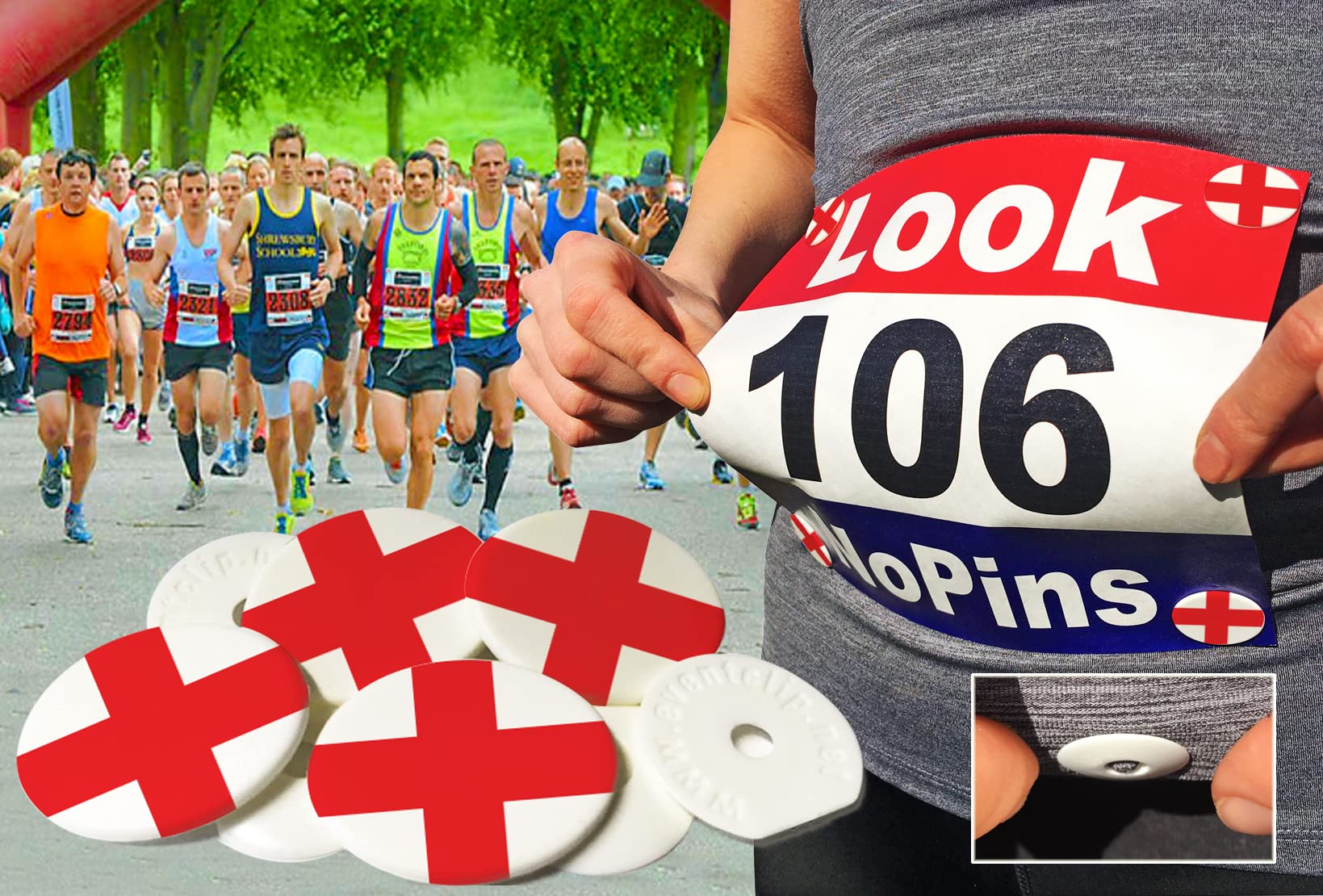 EventClip Race BibClips X 4 ENGLAND FLAG. Proven Snap-Lock for Securing Running and Cycling Numbers. Made in the UK with Recycled Plastic Since 2009 Far better than Magnets. Fed up with Safety Pins?