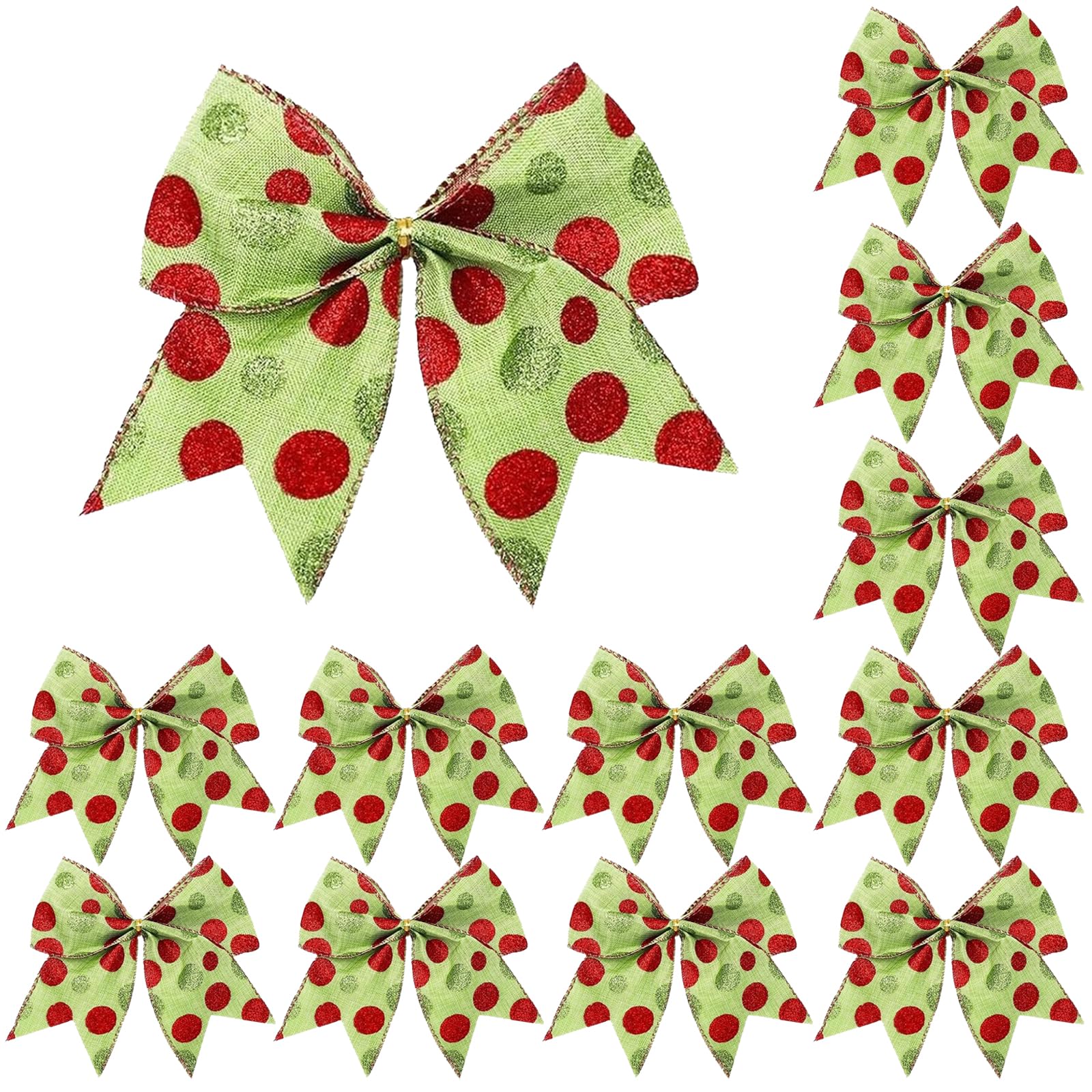 12 Pcs Christmas Tree Bow, Highly Attractive and Practical Red Green Spotted Bow Christmas Decorations, Christmas Tree Decorations Bow Is Suitable for Diy Crafts/Christmas/Parties/Girls' Hair Accessor