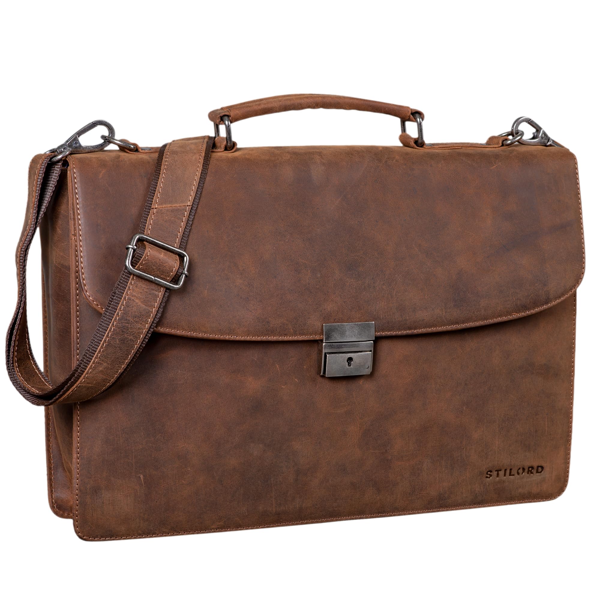 STILORD "Jonathan" Leather Briefcase Portfolio Men & Women Shoulder Bag Classic Design Business Work Bag Leather Black Colour:Missouri - Brown