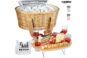 Hap Tim Wicker Picnic Basket Set for 4 with Mini Folding Wine Picnic Table & Large Insulated Cooler Bag & Cutlery Service Kit