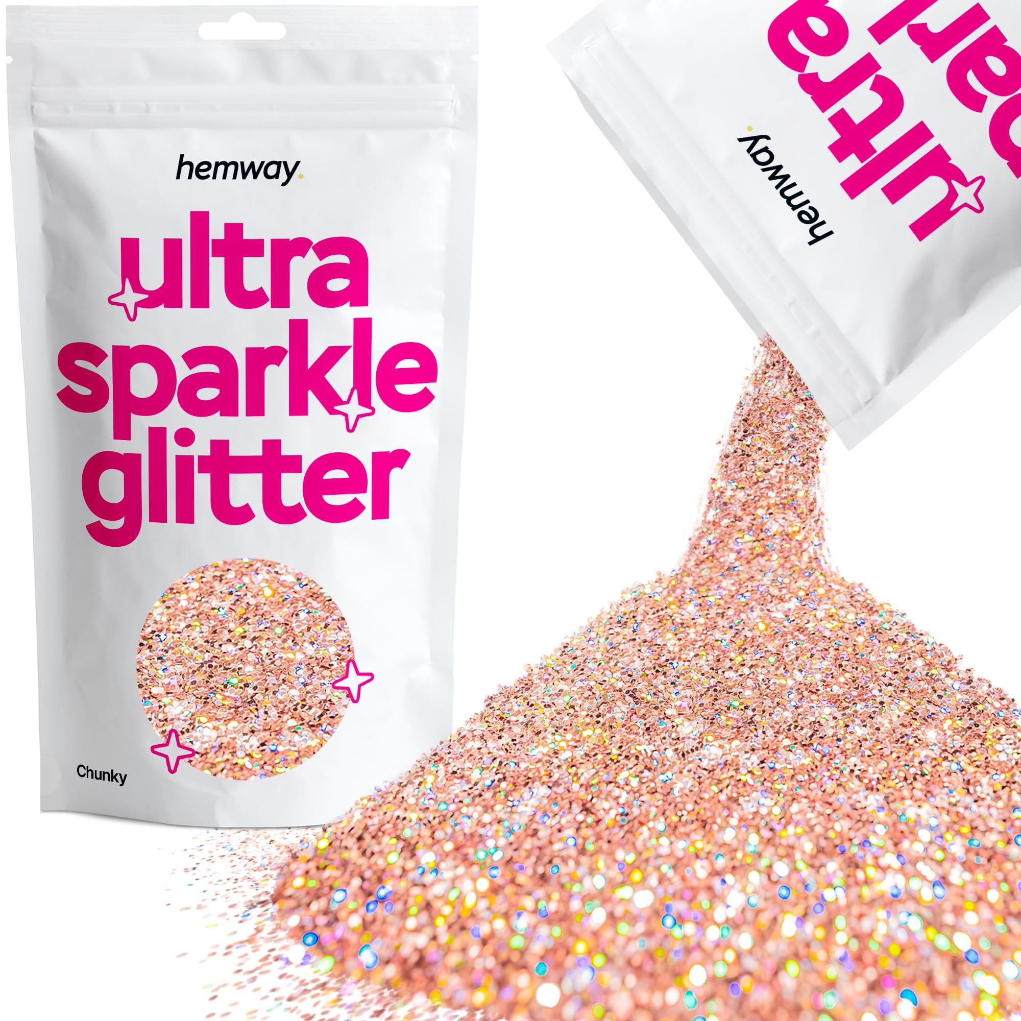 Hemway Ultra Sparkle Glitter Rose Gold Holographic 100g Chunky | Glitter for Arts & Craft, Makeup, Nail Art, Crafting, Card Making, Sparkle Decoration