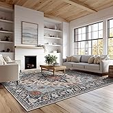 Washable Rugs 5x7 Area Rugs for Living Room, Thin Carpet for Bedroom, Soft Faux Wool Retro Dining Room Rug,Non Slip&Non-Shedding Resistant Low Pile Vintage Print Rug for Home Office (Blue/Gray)