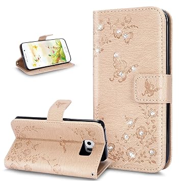 Kompatibel mit Galaxy S6 Edge Hülle,Glänzend Bling Strass Diamant Prägung Rose Blumen Schmetterling PU Lederhülle Brieftasche