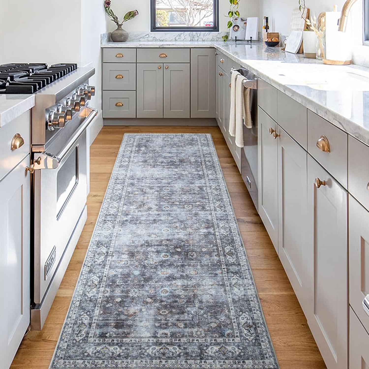 Rugs, Pads & Protectors - Rugcomf Runner Rug Hallway Runner Rug Washable Kitchen Runner Rugs with Rubber Backing 2'6''x8' Soft Faux Wool Vintage Rug for Entryway Indoor, Kitchen, Laundry, Bedroom (Grey and Brown)