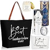 Domensi 4 Pack Mom Gifts Best Mother in Law Ever Gift Tote Bag 20oz Tumbler Cup Makeup Bag Mother in Law Scented Candle(Navy Blue)