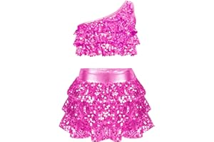 Miutii Kids Girls 2 Piece Dance Outfits Set Sequins One Shoulder Crop Top with Skirt Jazz Latin Ballroom Costume