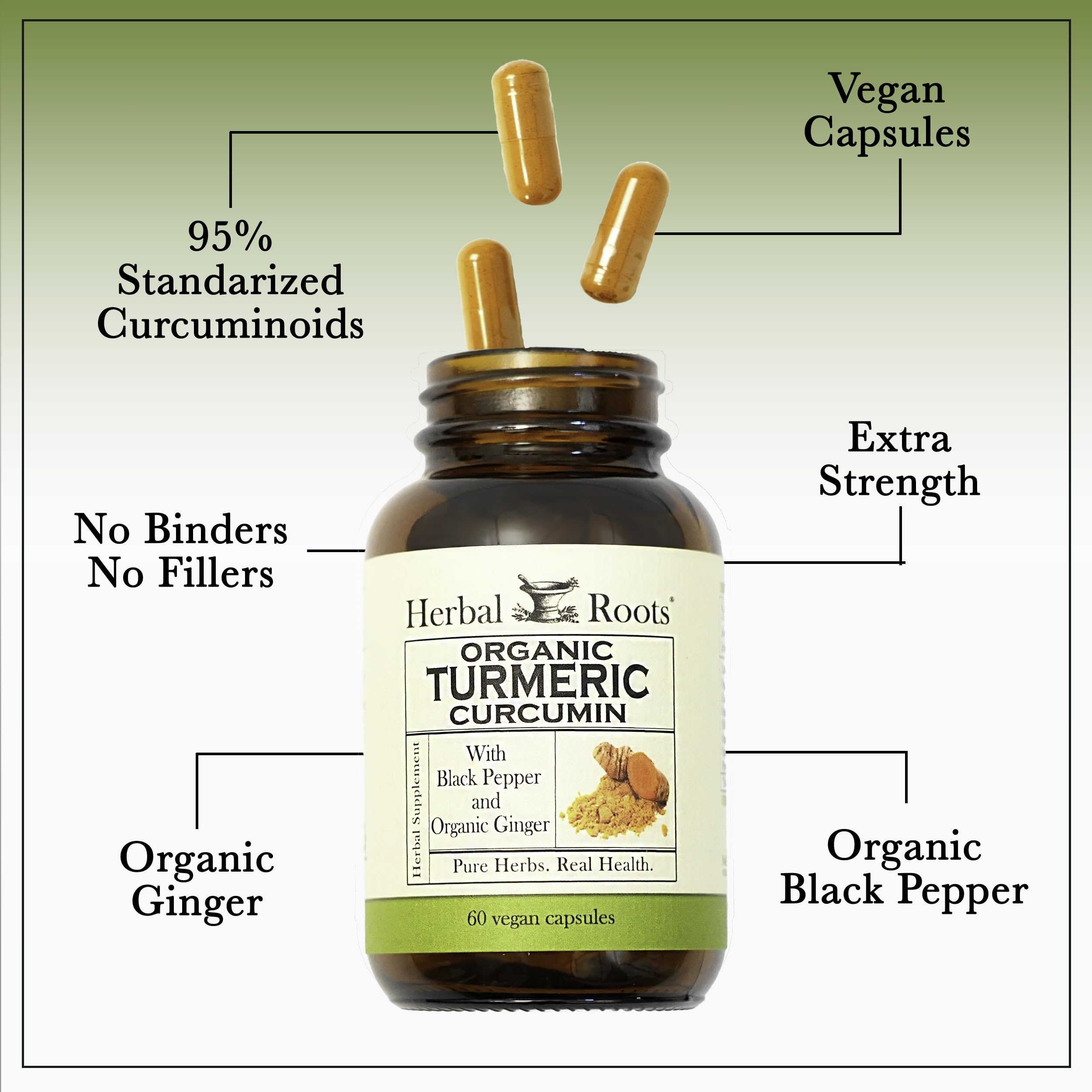 Herbal Roots - Turmeric Curcumin Capsules - Extra Strength - 1000mg Pure Organic Turmeric Supplement, 95% Standardized Curcumin Extract with BioPerine Pepper and Ginger