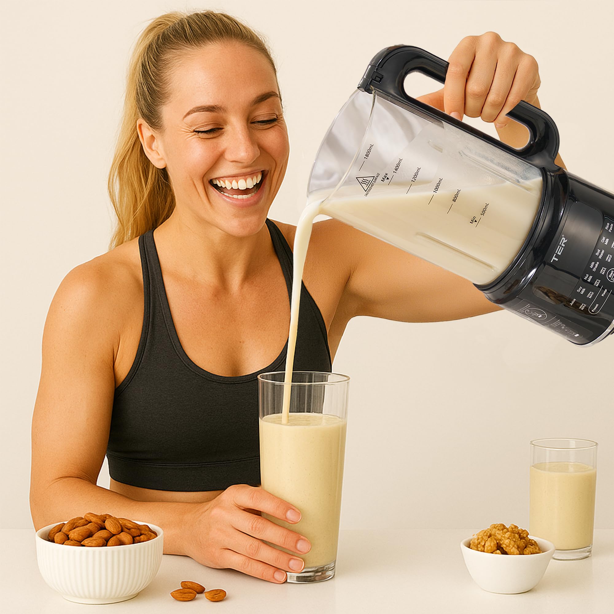 Máquina para hacer leche de nueces de 50 onzas, TER 10 en 1 para hacer leche de soja para almendras/avena/leche de soja, jugo, batido, pasta de arroz, limpieza automática/tiempo preestablecido de 24 horas/12 horas para mantener caliente, con 7 accesorios, negro