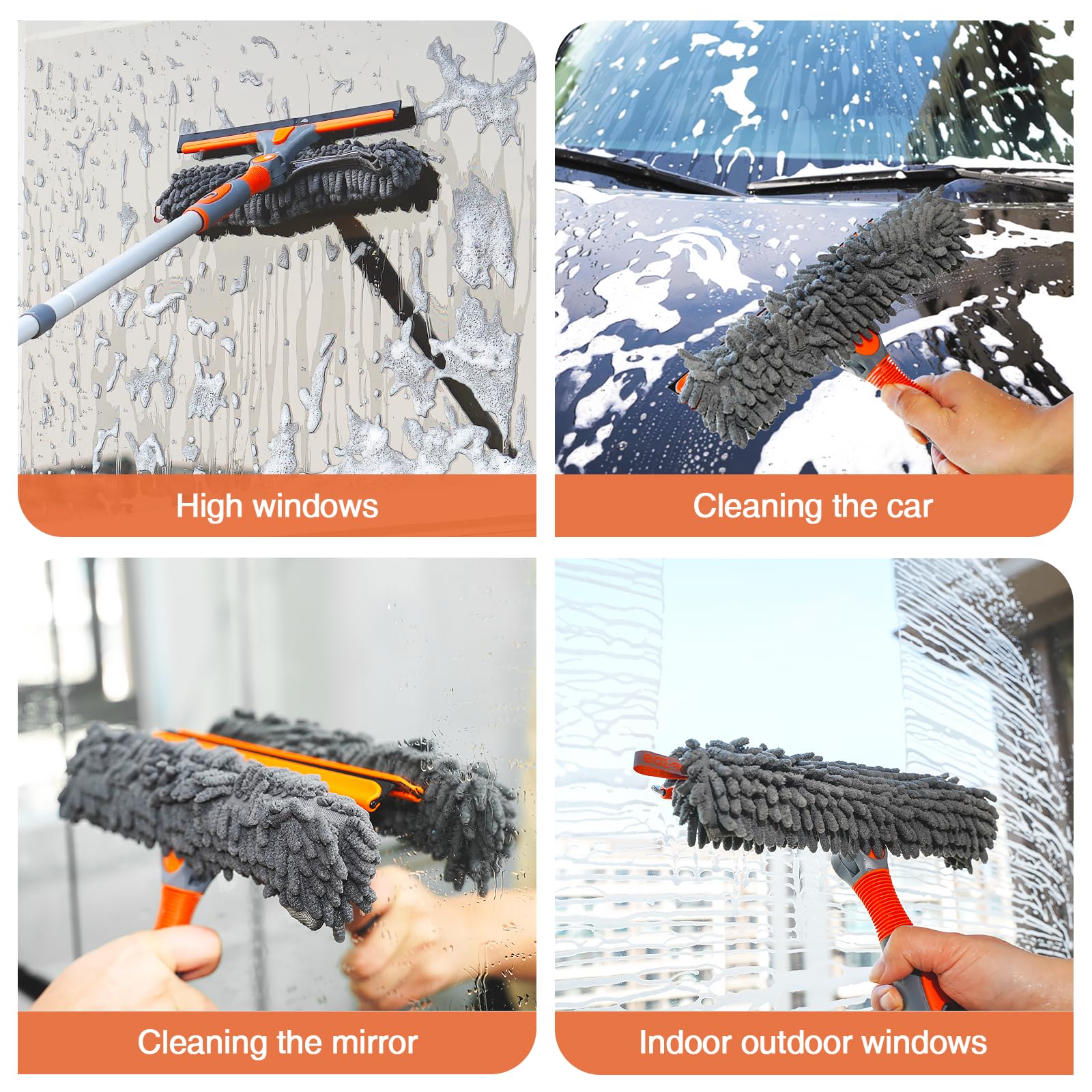 Eazer 89'' Squeegee Window Cleaner 2 in 1 Rotatable Window Cleaning Tool Kit with Extension Pole, Window Washing Equipment with Bendable Head for Indoor/Outdoor Window and Car Glass