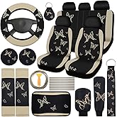 BBTO 43 Pcs Butterfly Car Seat Full Set Butterfly Car Accessories for Women 5 Front Rear Seat Covers Wrist Strap 2 Pcs Cup Mat Armrest Pad 2 Belt Xmas Cover Accessories for SUV(Cream-Colored)