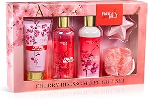 FREIDA AND JOE Bath and Body Gift Basket For Women – 5 Piece Set of Cherry Blossom Bath & Body Collection Gift Box, Includes Shower Gel, Body Lotion, Body Scrub, Bath Bomb & Sponge - Appreciation Gift Ideas