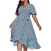 Floerns Women's Plus Size Boho Flutter Short Sleeve Ruffle Hem A Line Midi Dress
