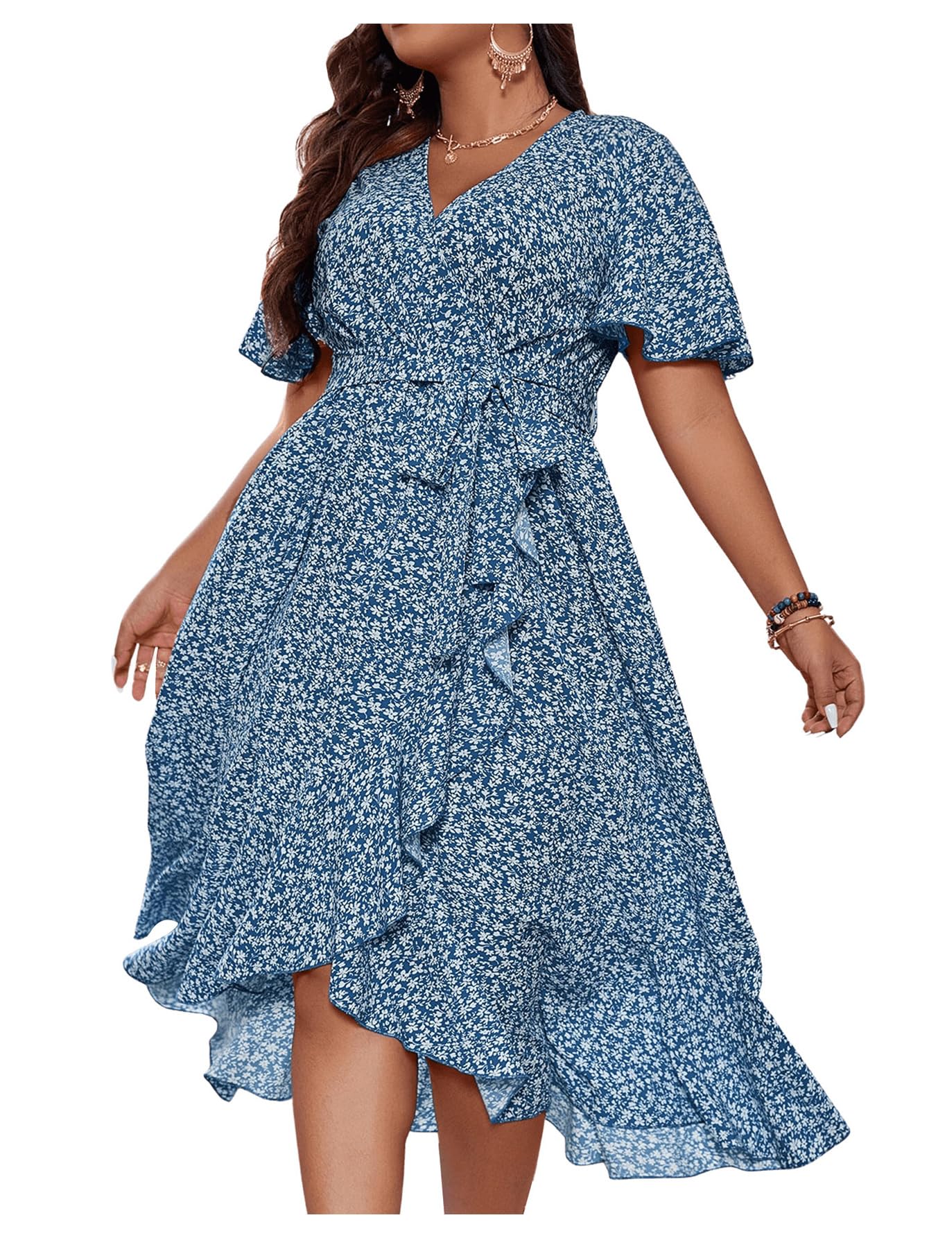 Photo 1 of Floerns Women's Plus Size Boho Flutter Short Sleeve Ruffle Hem A Line Midi Dress Blue and White 2XL