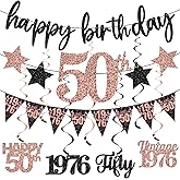 12PCS 50th Birthday Decorations for Women, Rose Gold Vintage 1976 Happy 50th Birthday Banner Triangle Flag Banner Glitter Hanging Swirls Party Supplies, Cheers to 50 Years Old Bday Decor