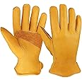 OZERO Flex Grip Leather Work Gloves Stretchable Tough Cowhide Garden Glove 3 Pairs (Gold, X-Large)