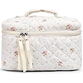 Sminra Makeup Bag Large Travel Quilted Cosmetic Makeup Bag Organizer, Floral Cotton Coquette Aesthetic Toiletry Bag for Women Girls (Garden Floral-L)