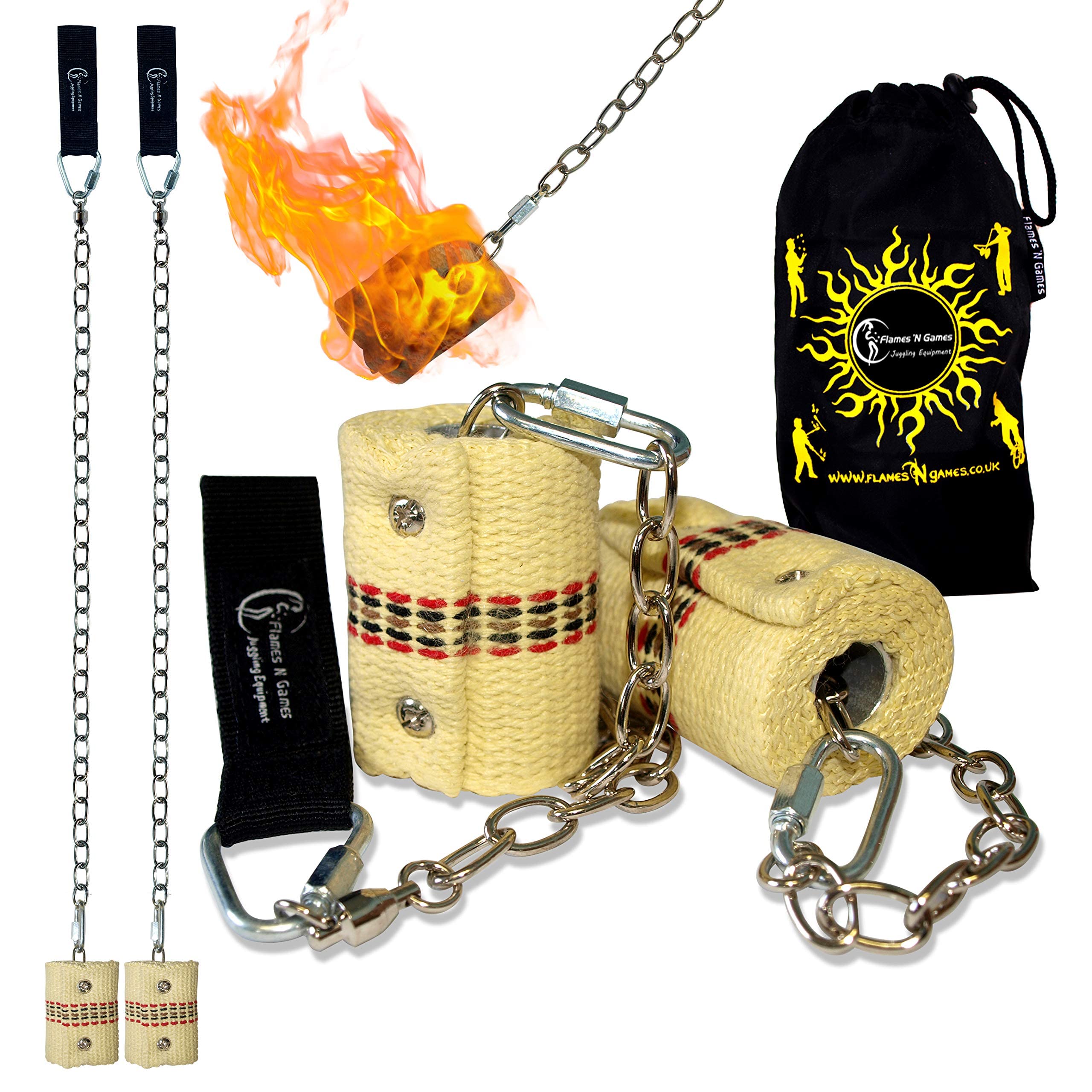 Flames 'N Games Classic Pro Fire Poi Set - 2x65mm Wicks Travel Bag!