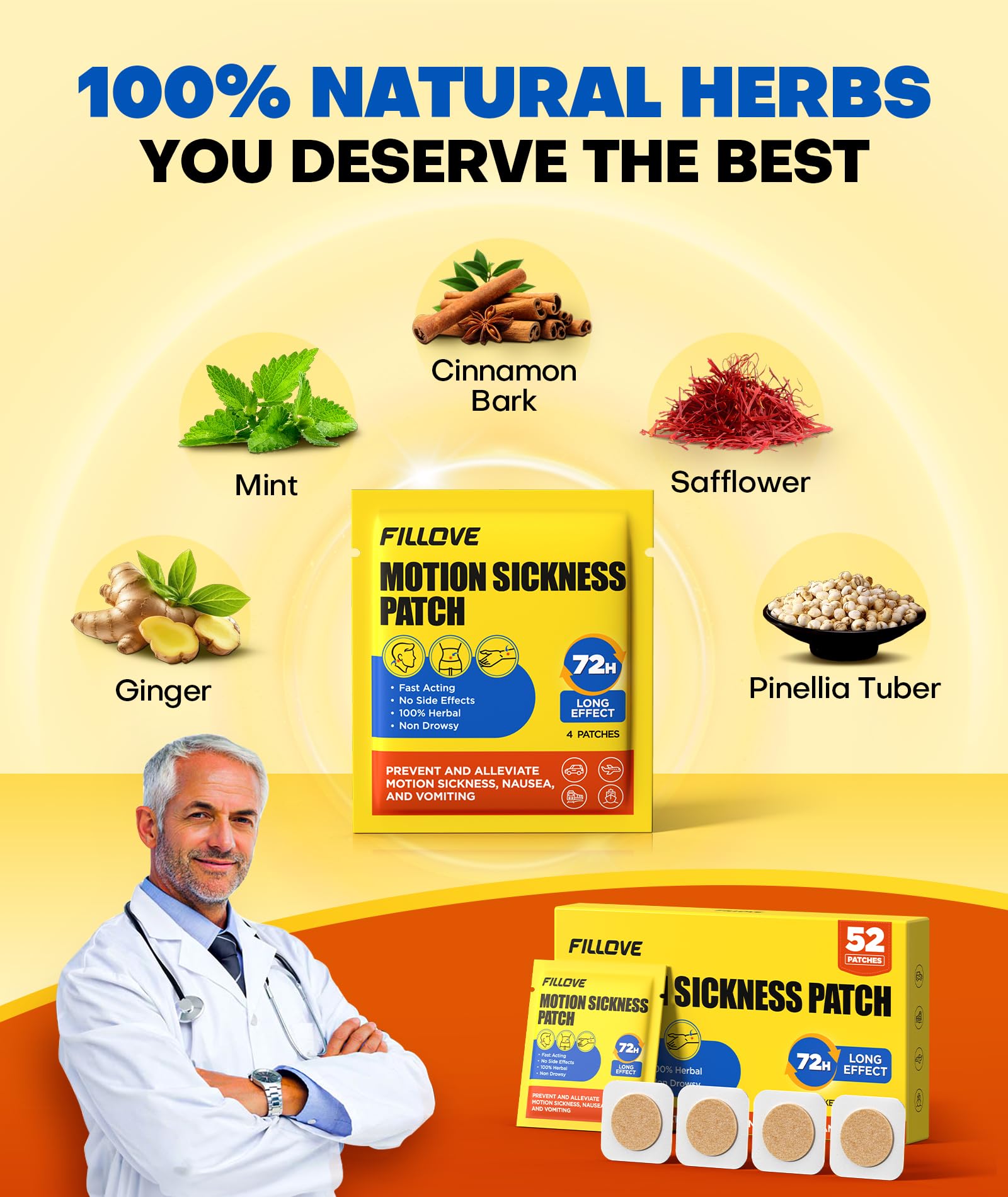 FILLOVE 52ct Motion Sickness Patches Non-Drowsy, 72H Lasting Sea Sickness Patches Cruise Essentials 2025, 100% Natural Motion Sickness Patch Travel Essentials for Car Airplane Ship Altitude Sickness