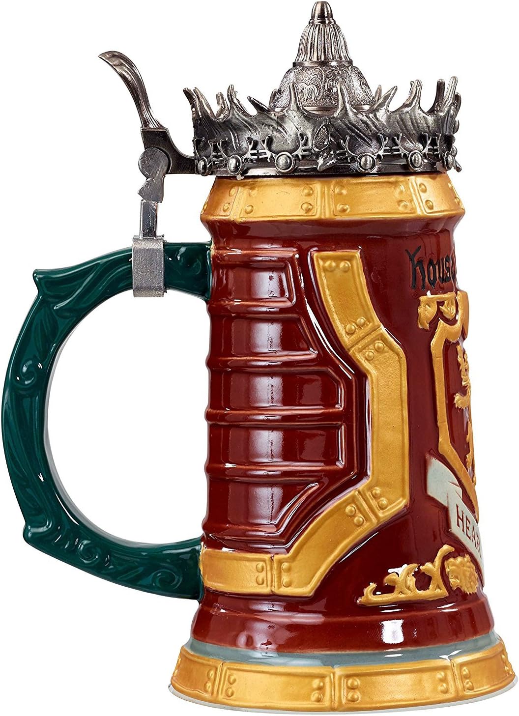 Amazon Com Game Of Thrones House Lannister Beer Stein Hand Painted Ceramic Base With Pewter Baratheon Crown Lid 22 Oz Beer Mugs Steins