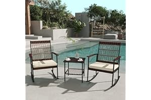 DECMICO 3 Pieces Rocking Wicker Bistro Set, All-Weather Rattan Table & Outdoor Rattan Rocking Chairs with Washable Cushions (Beige)