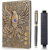FEIDIAO Vintage Phoenix Embossed Leather Notebook Travel Journal Office Daily with Black Ballpoint Pen and Pen Sleeve Antique Handmade Hardcover Book Gift for Men and Women (A5)