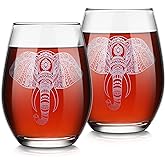 Cunhill 2 Pieces Elephant Stemless Wine Glass Hand Etched Elephant Glass Clear Stemless Wine Glass Coffee Cup, Presents for Women Men (15.2 oz, Classic Style)