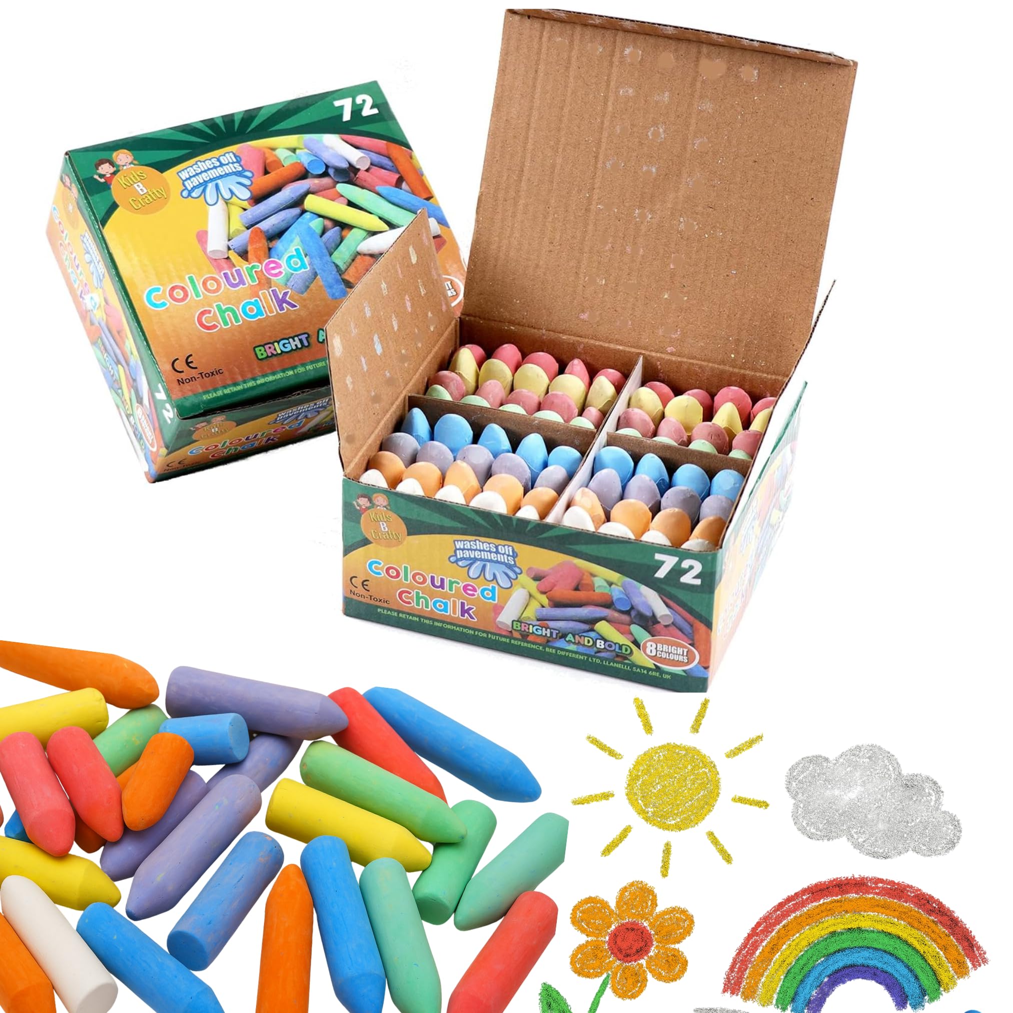 Chunky Chalk for Kids – 72 Coloured Outdoor Pavement Chalks for Children & Toddlers, Washable Playground Set in 8 Colours, Garden Blackboard Art