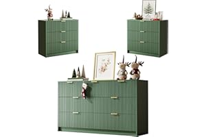 MAISONARIA 3-Piece Dresser Bedroom Set, 7 Drawer Dresser & 3 Drawer Nightstands with Gold Handles, Fluted Wood Chest of Drawers for Bedroom, Living Room, Entryway, Green
