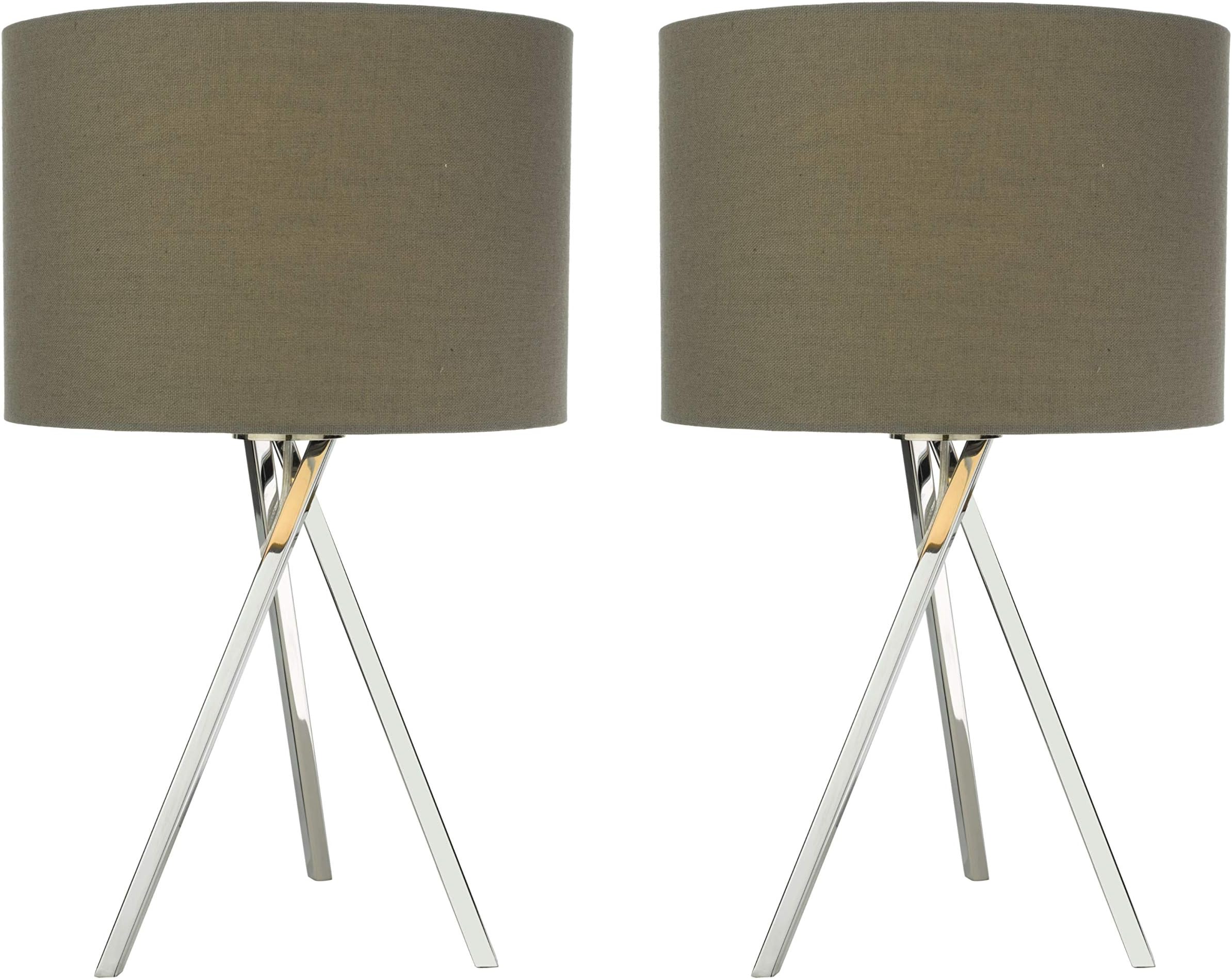 Pair of Contemporary Chrome Finish Tripod Table Lamps Bedside Lights with Grey Linen Shades - Lampshades Included - Inline On/Off Switch