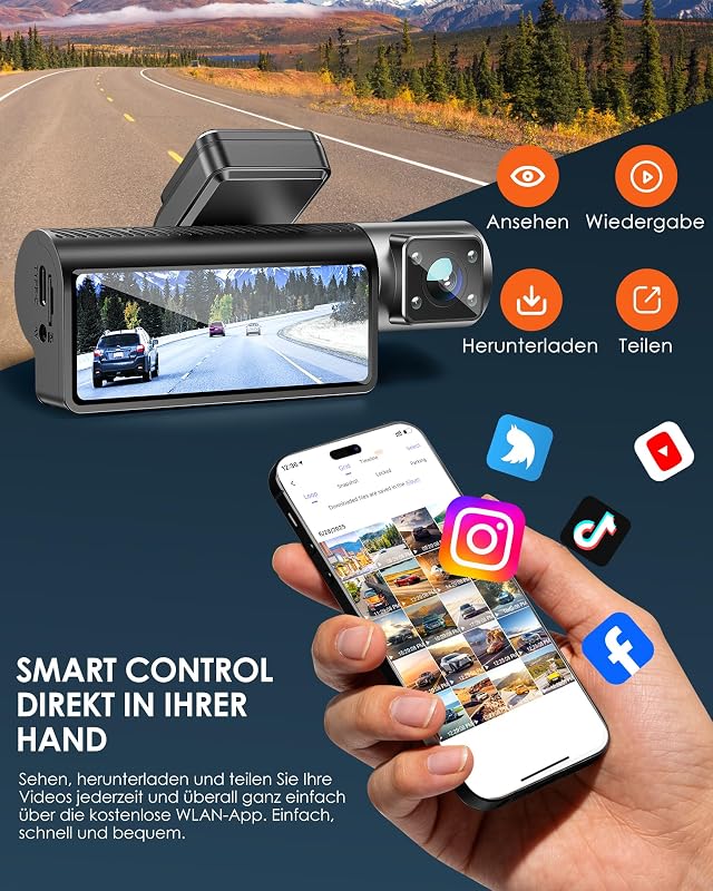 3-Kanal 4K Dashcam Auto Mit Kostenloser 32 GB Karte, 4K+1080P+1080P Vorne Hinten Innen Dash Cam Mit WDR, IR Nachtsicht, WiFi 6, Loop-Aufnahme, G-Sensor Und 24 Stunden Parkmodus