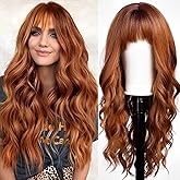 KOME Orange Wigs with Bangs,Ginger Long Wavy Wig for Women,Long Curly Synthetic Hair Wig for Party Daily Use 24IN