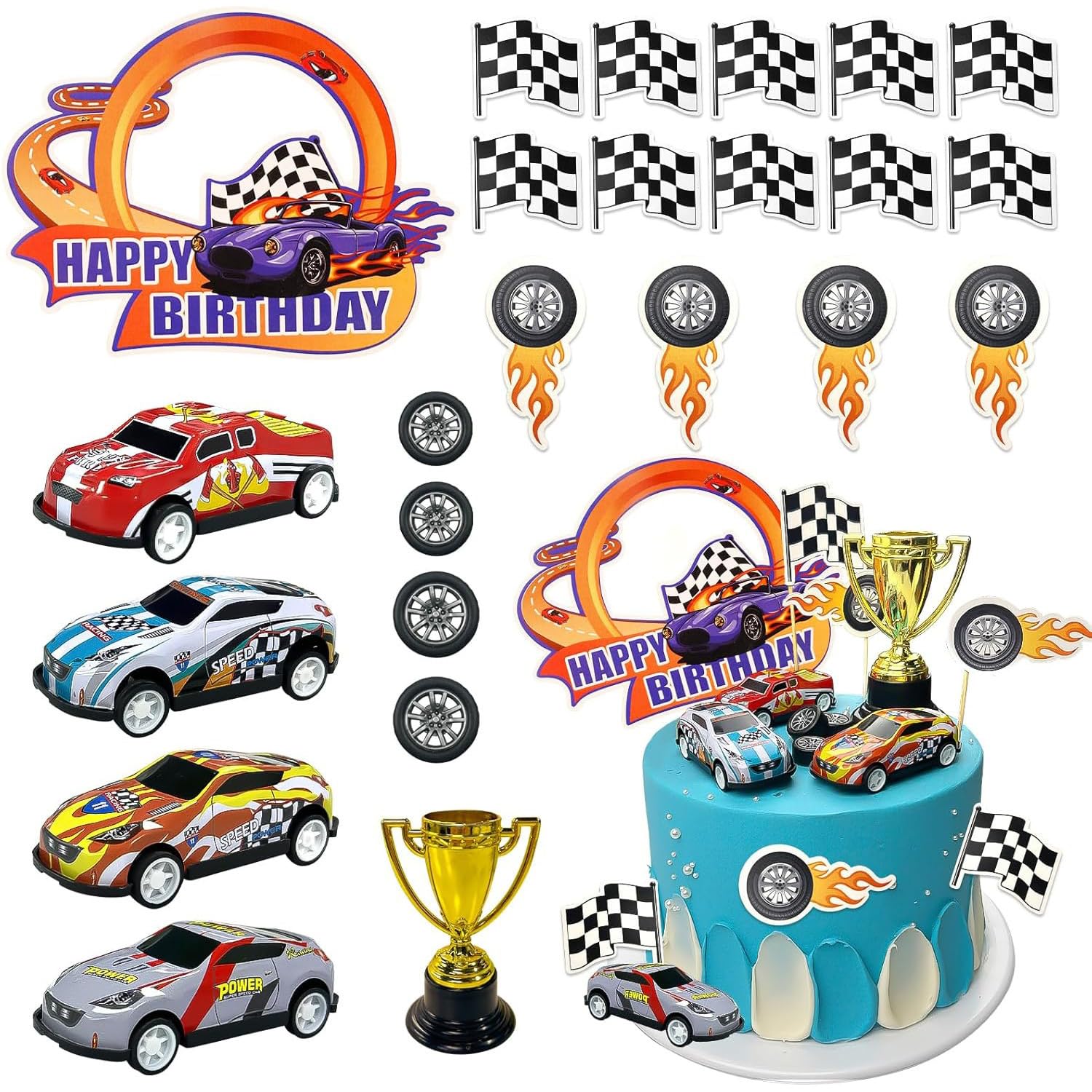 24 Piece Racing Cake Decoration Set, Car Birthday Cake, Hot Theme, Racing Flag Tire Trophy Ornaments, Girls Boys Party Decorations, Car Theme Supplies, Baby Christening