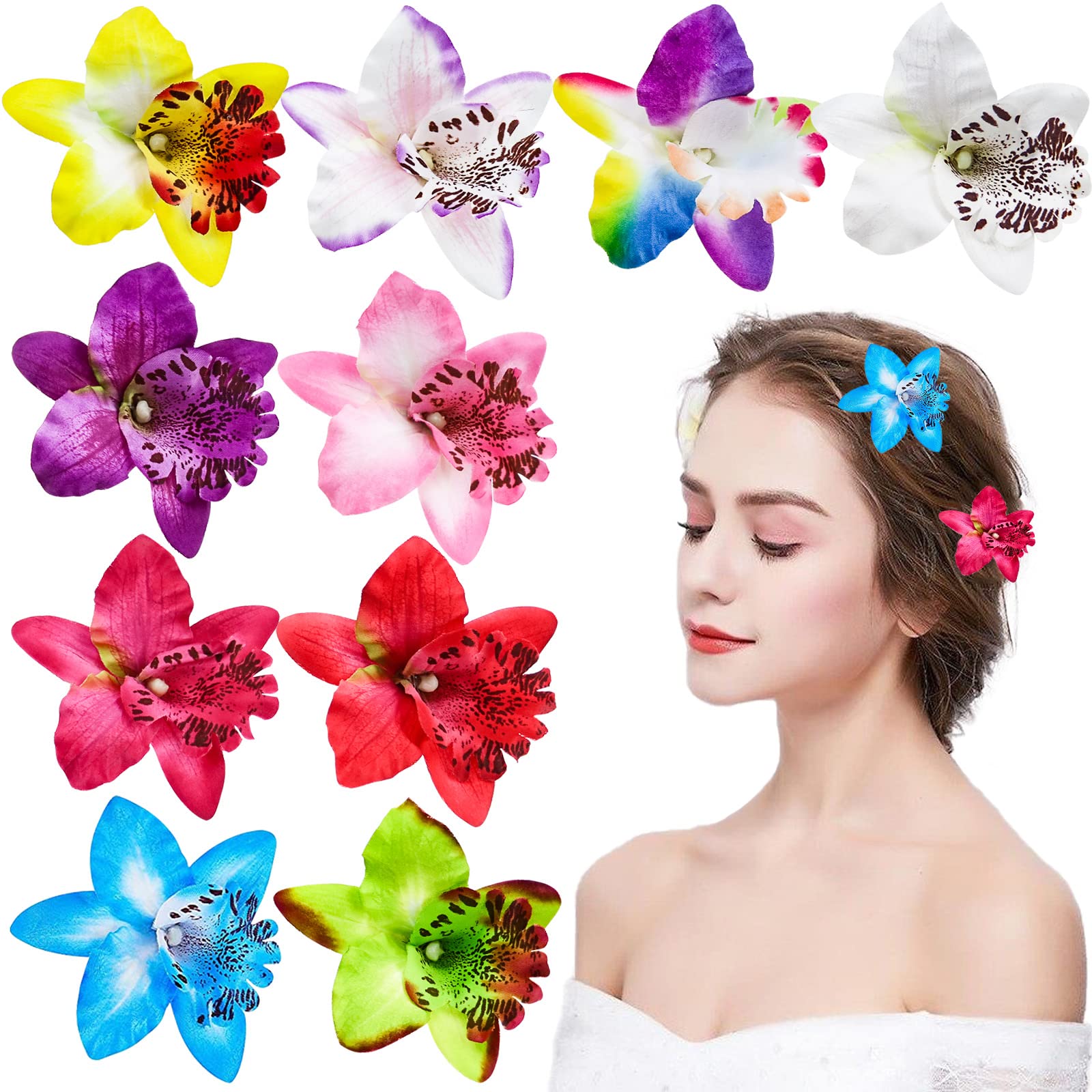 20 PCS Bohemian Hawaiian Orchid Flower Hair Accessories - Alligator Clips, Big Hair Pins, Summer Hair Barrettes for Bridal Wedding and Women Girls