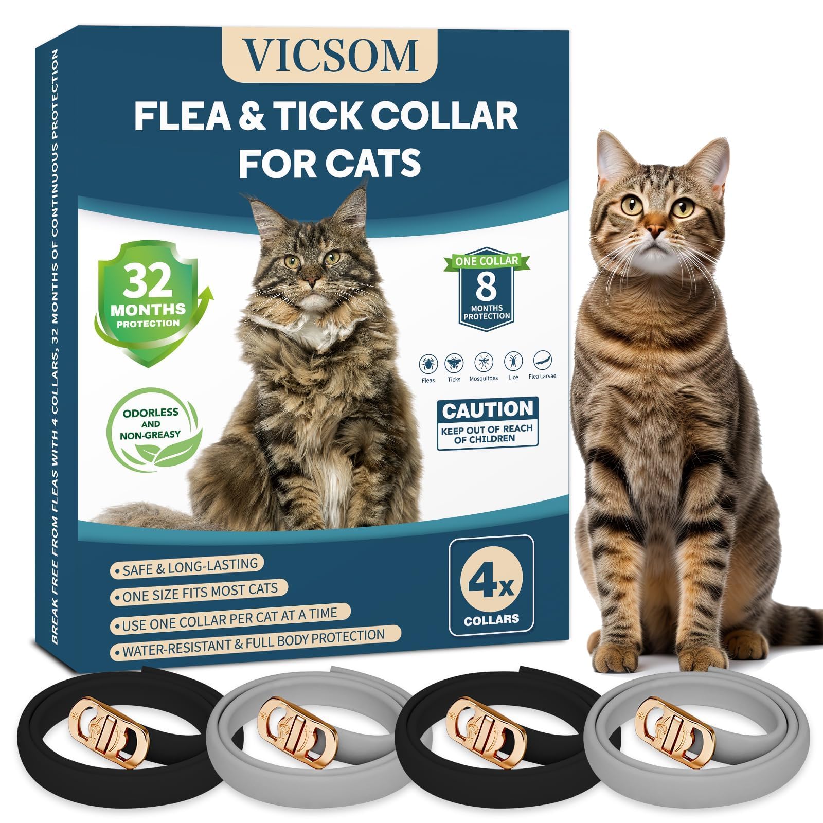 Photo 1 of 4 Pack Flea and Tick Collar for Cats, 32 Months Treatment Prevention, Waterproof Adjustable Kitten Collar, Black Grey